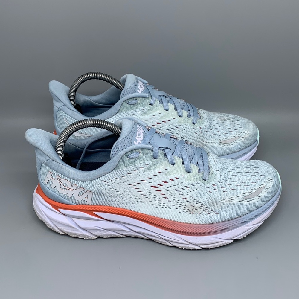 Hoka One Clifton 8 Blue Orange Running Shoes Women’s Sz 9D Wide